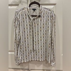 Ann Taylor White and Gold Long Sleeve Tie Front Blouse
